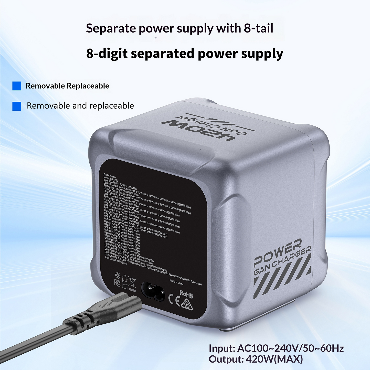 Punjač Stanica OEM BK-126D, 140W, 5A, 2 x USB-A - 6 x USB-C, Siva
