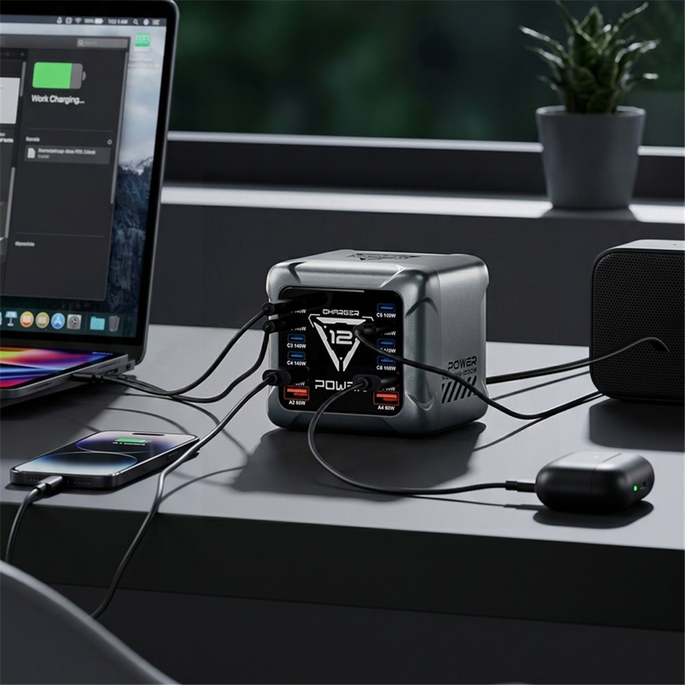 Punjač Stanica OEM BK-127D, 280W, 5A, 4 x USB-A - 8 x USB-C, Siva