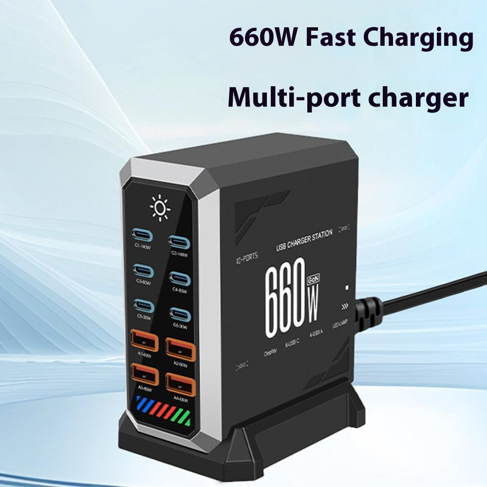 Punjač Stanica OEM HW18, 660W, 5A, 4 x USB-A - 6 x USB-C, Crna