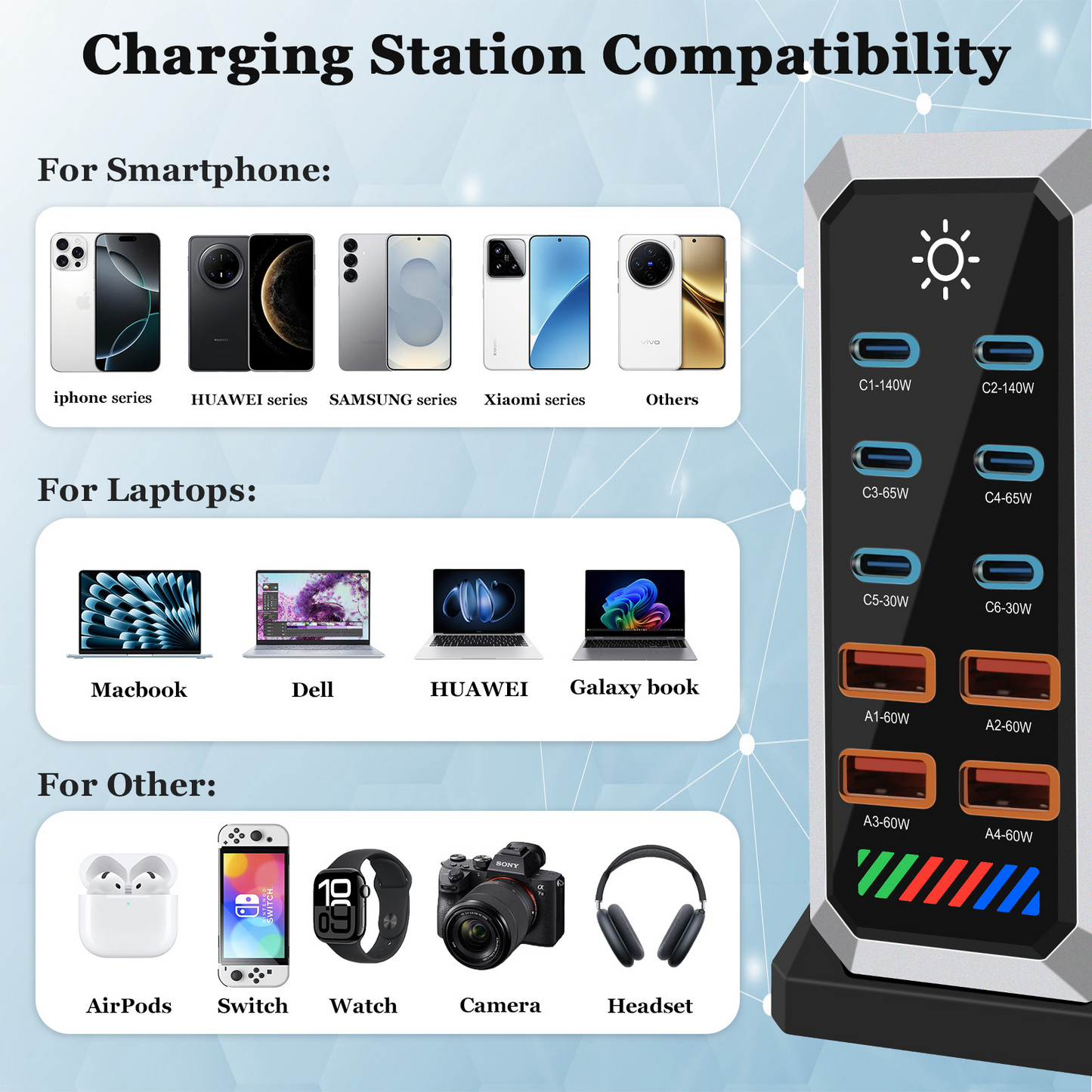 Punjač Stanica OEM HW18, 660W, 5A, 4 x USB-A - 6 x USB-C, Crna