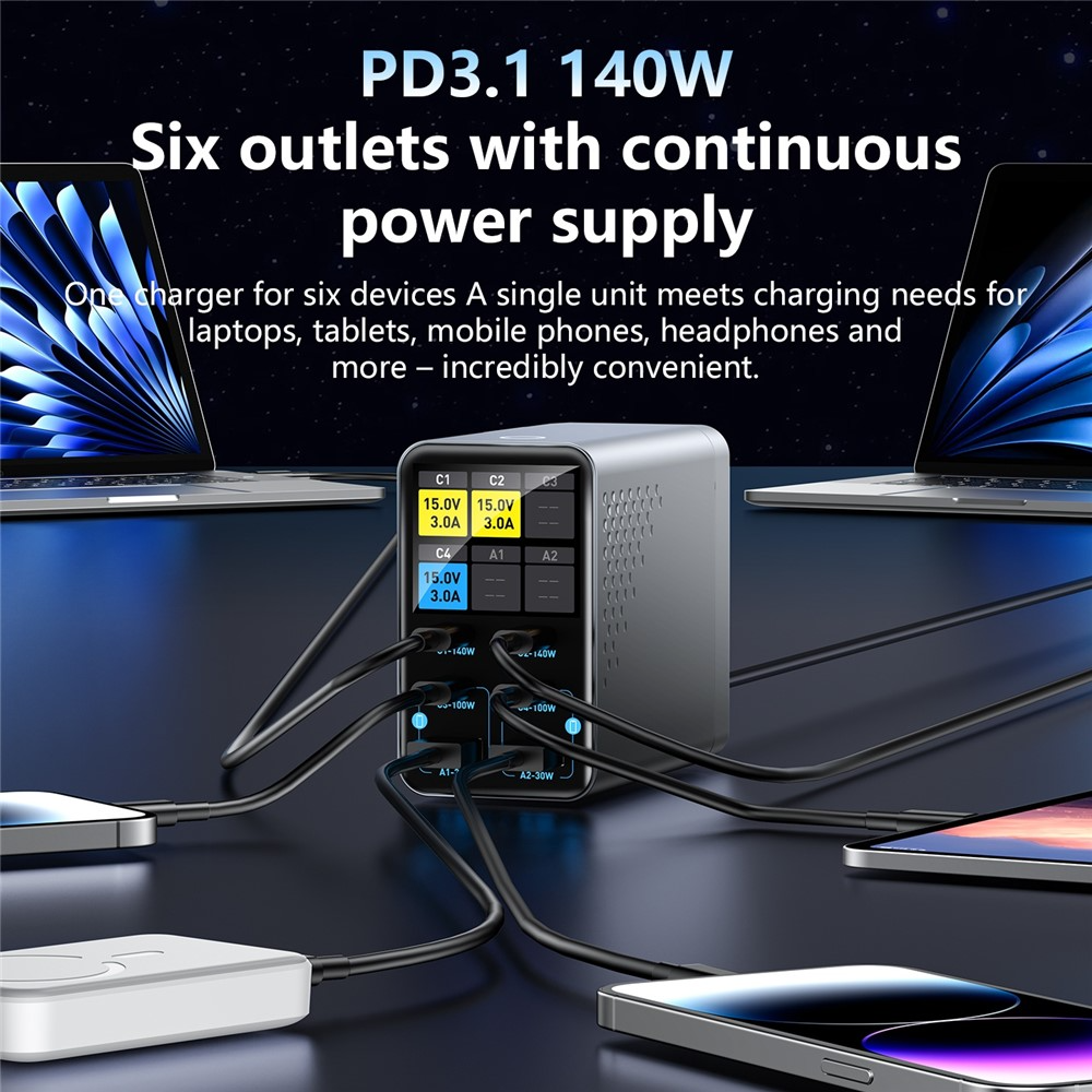 Punjač Stanica OEM WLX-G3, 140W, 5A, 2 x USB-A - 4 x USB-C, Siva