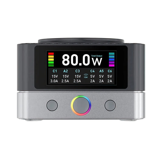 Punjač Stanica Relife Q7 QI, 80W, 3.25A, 2 x USB-A - 4 x USB-C, Siva