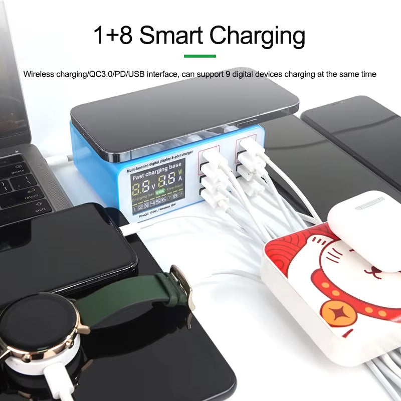 Punjač Stanica Relife RL-304S QI, 110W, 3A, 2 x USB-C - 6 x USB-A, Plavi
