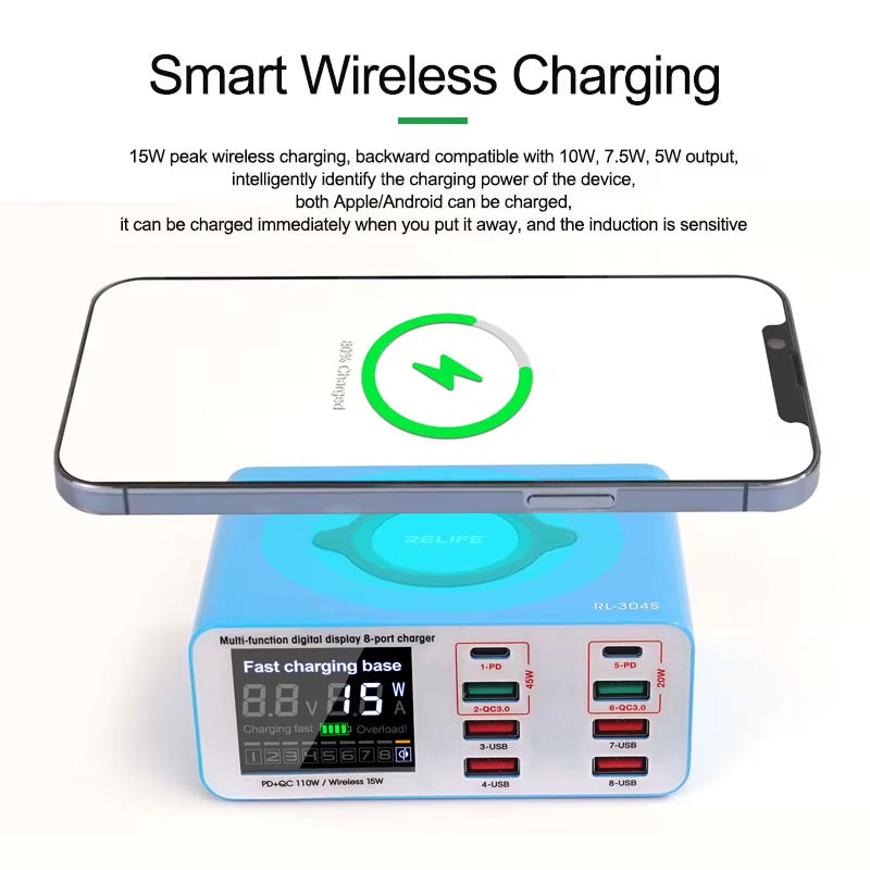 Punjač Stanica Relife RL-304S QI, 110W, 3A, 2 x USB-C - 6 x USB-A, Plavi