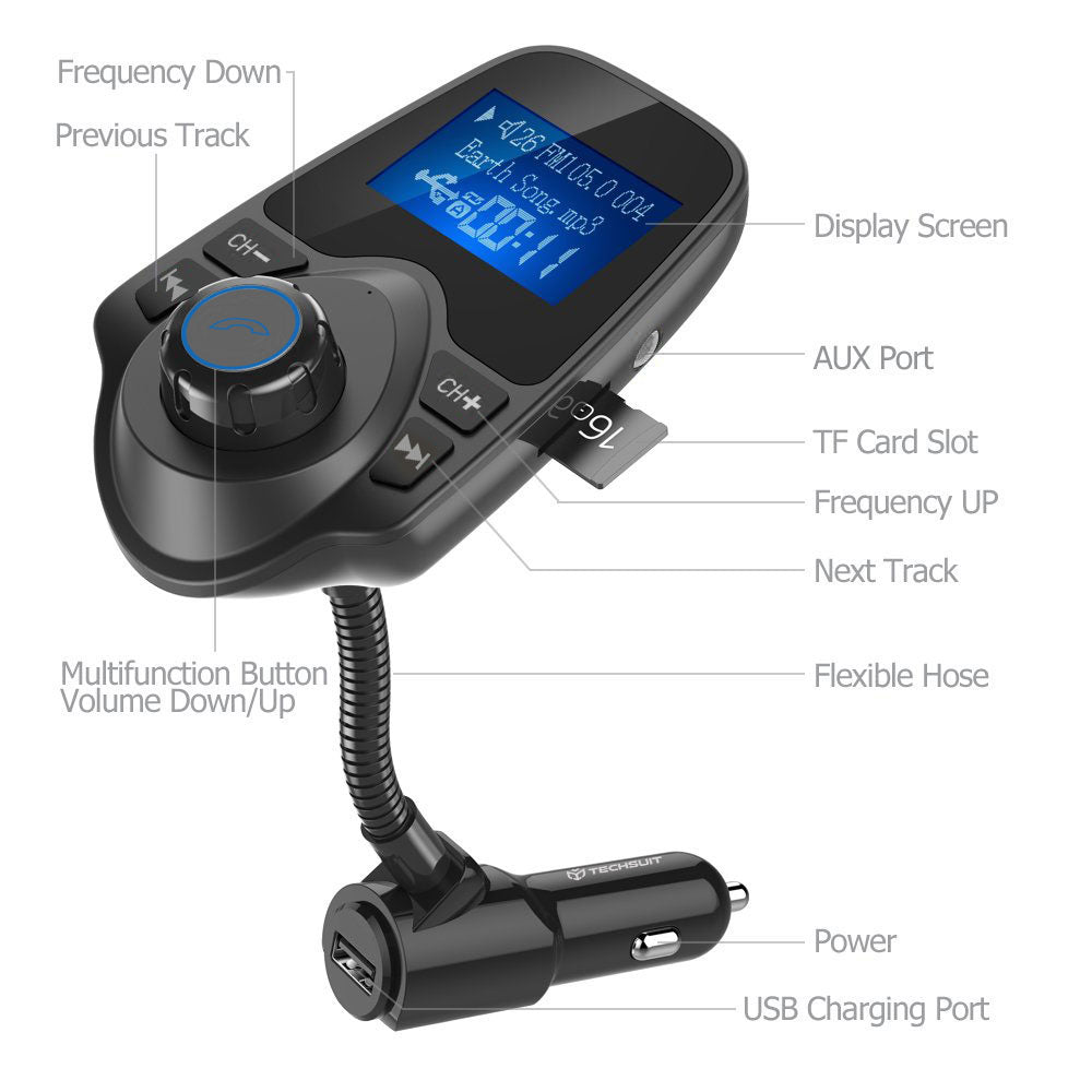 FM Bluetooth modulator Techsuit MFM4, 1 x USB-A - 1 x 3.5mm - 1 x microSD, Crni