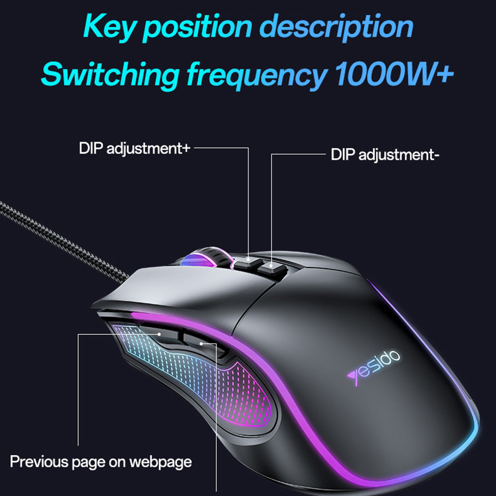 Gaming miš sa žicom USB Yesido KB20, RGB, 1000DPI - 7200DPI, Crni