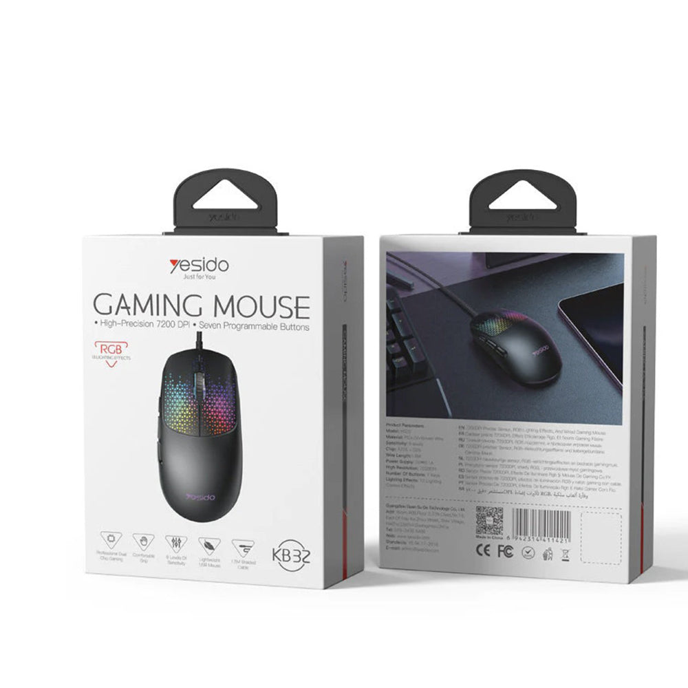 Gaming miš sa žičanim USB Yesido KB32, RGB, 7200DPI, Crni