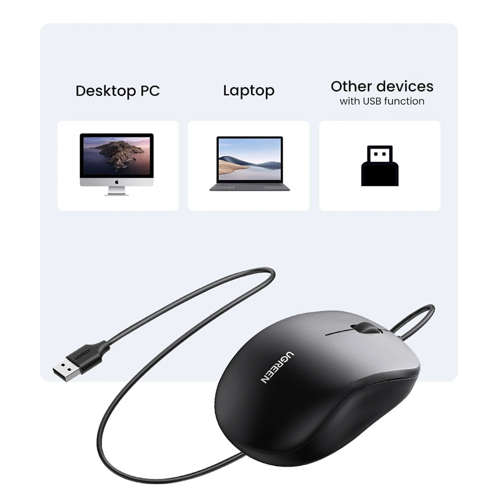 Miš sa žičanim USB UGREEN MU007, 1200DPI, 1.5m, Crni