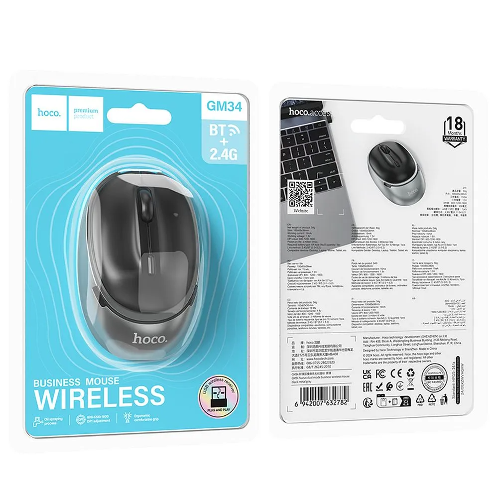 Bežični miš HOCO GM34, 1600DPI, BT / Wi-Fi, Crni