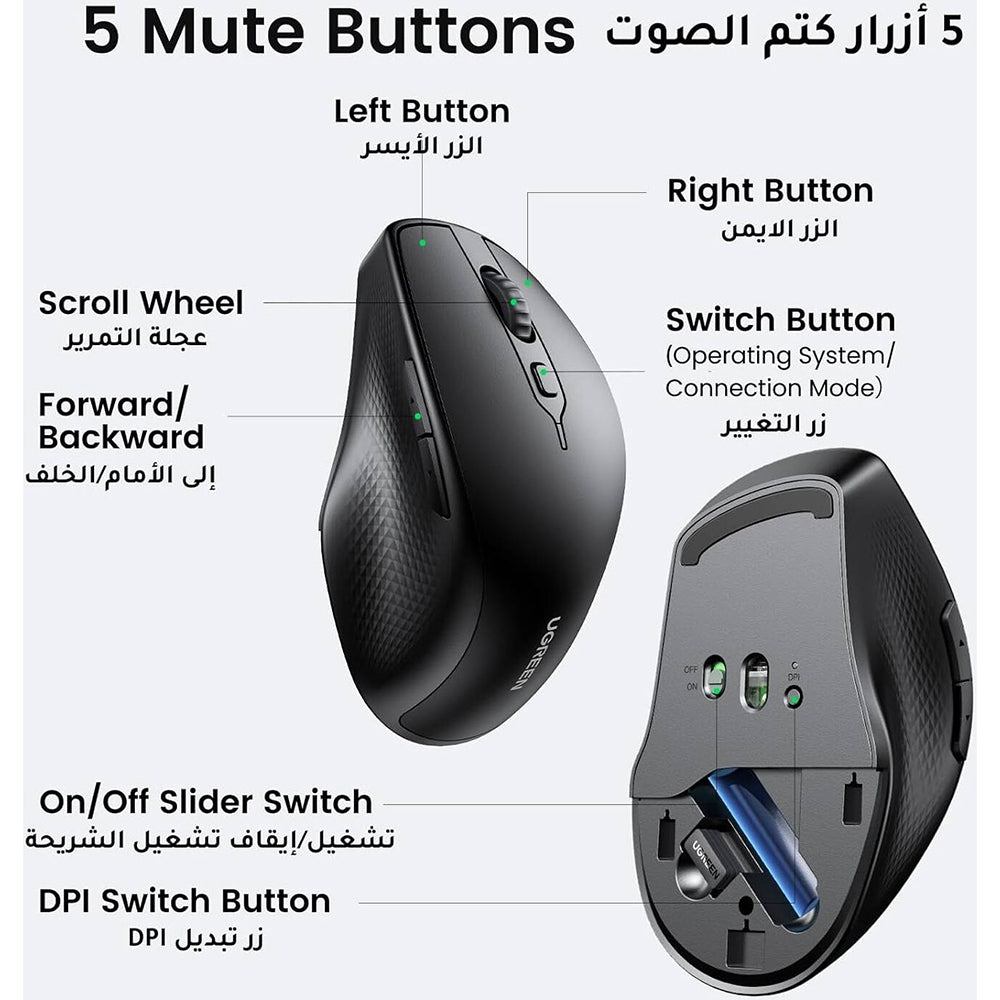 Bežični miš UGREEN MU101, 4000DPI, BT / Wi-Fi, Crni