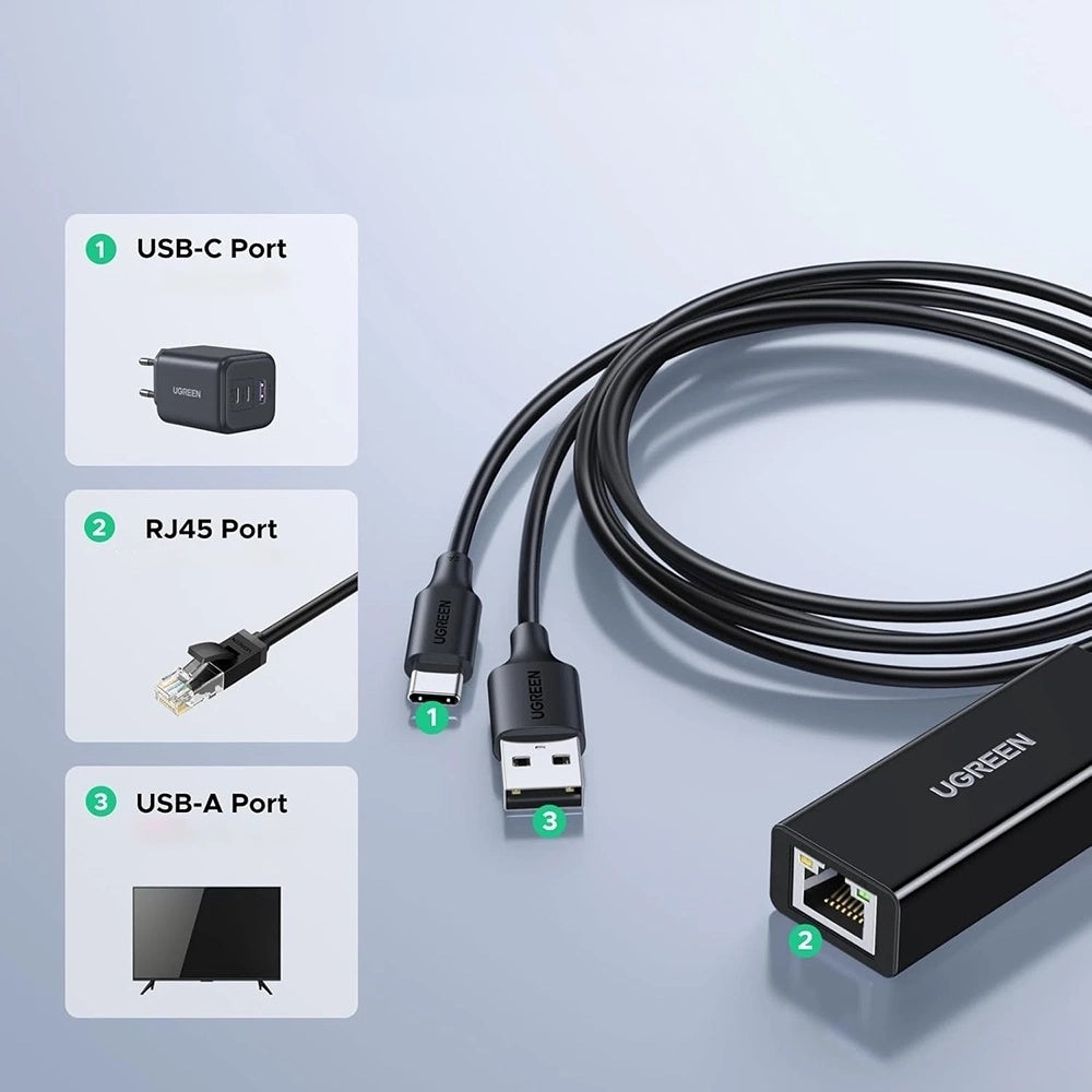 Placa Retea UGREEN CR110 (75535), RJ45, USB / USB-C, Crna