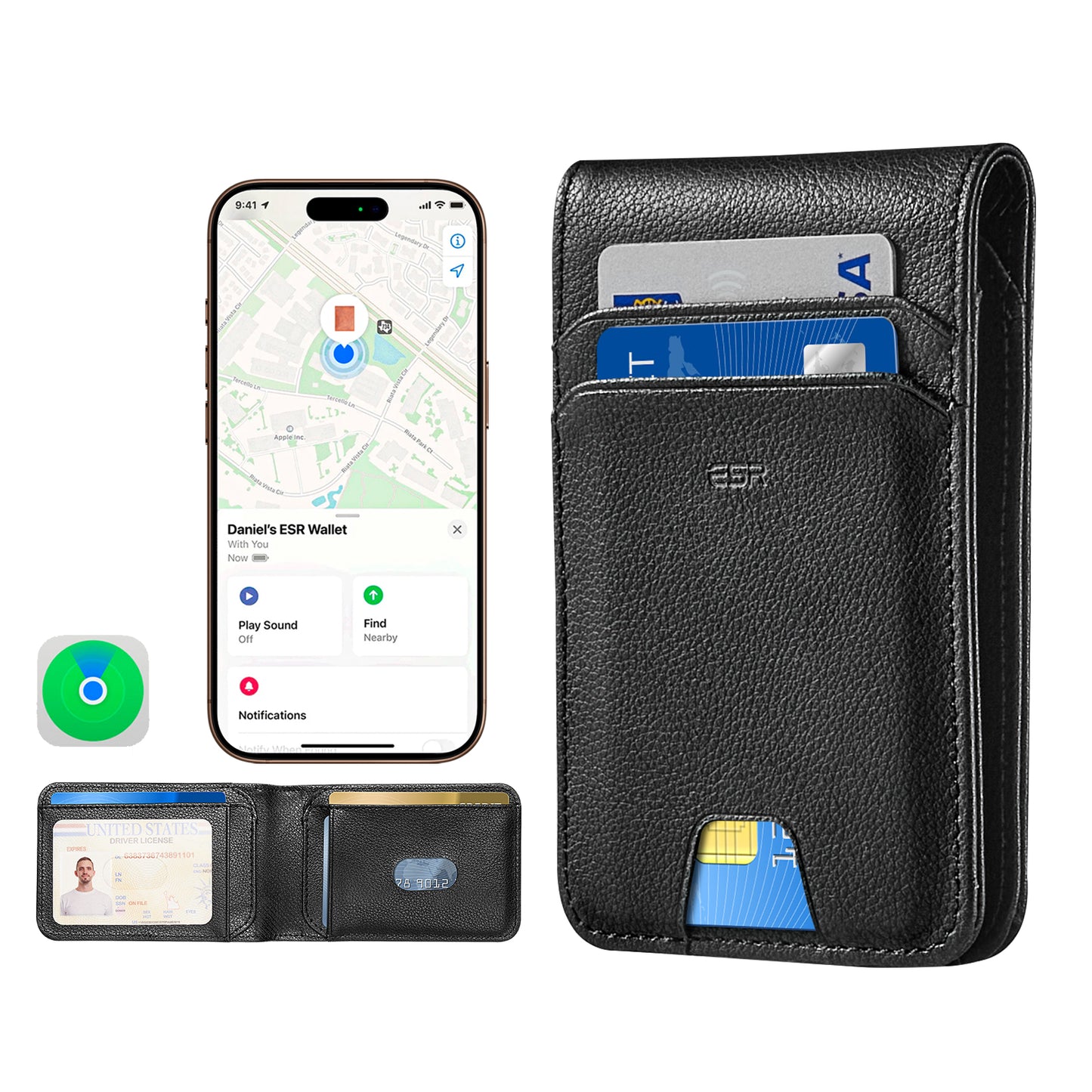 ESR Classic Geo novčanik sa funkcijom Find My i RFID zaštitom, Crni, Refabrikovan