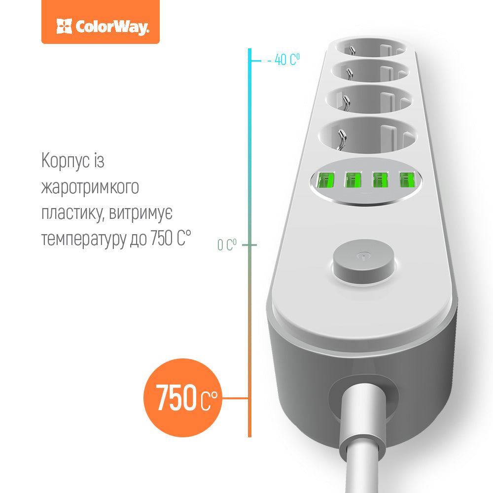 Produžni kabl ColorWay, 4 x Schuko - 4 x USB-A, Bela