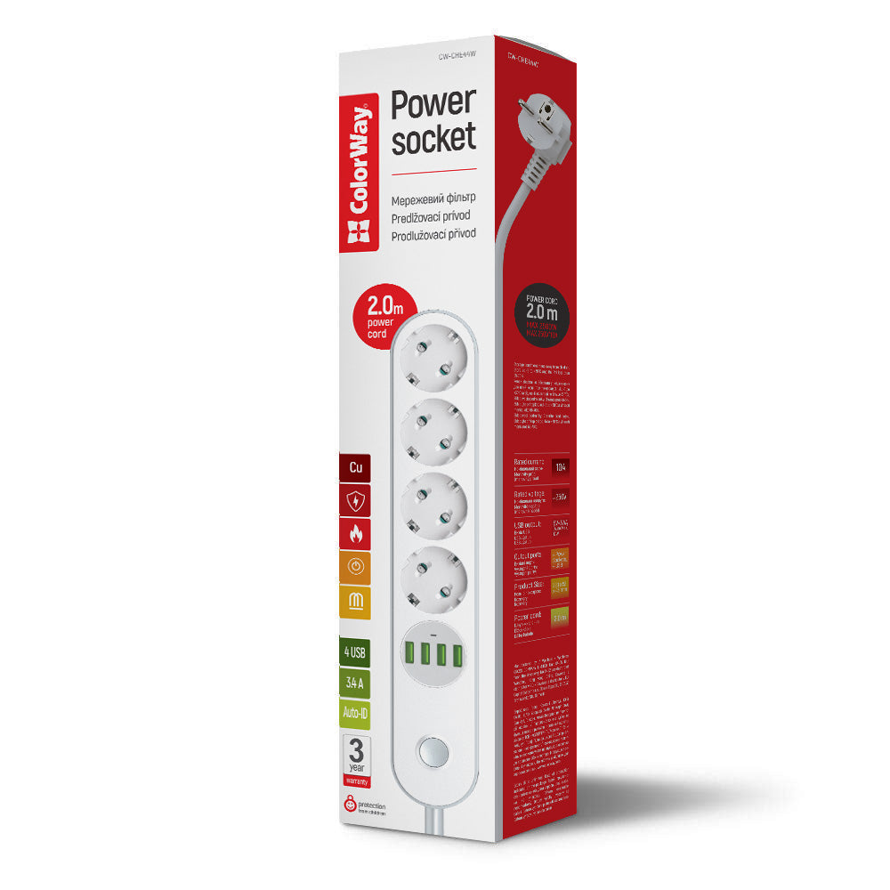 Produžni kabl ColorWay, 4 x Schuko - 4 x USB-A, Bela