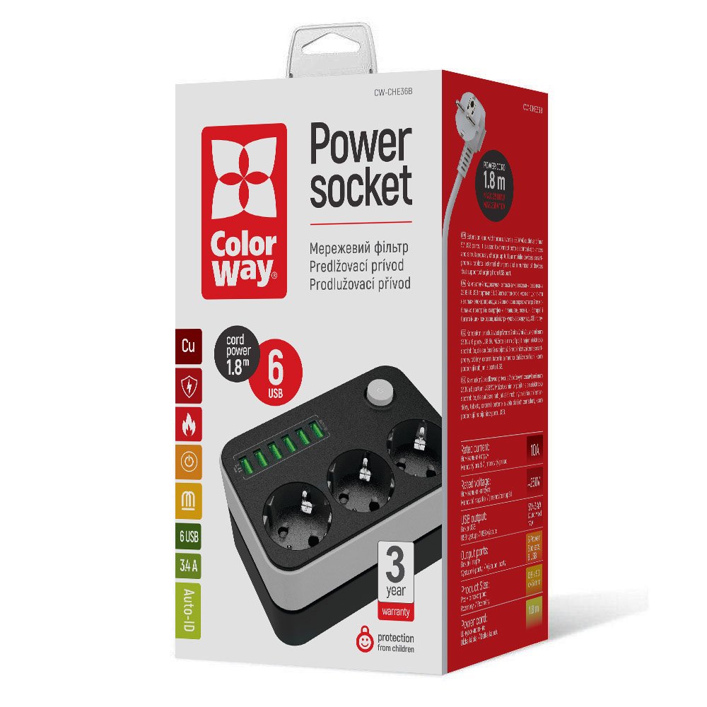 Produžni kabl ColorWay, 3 x Schuko - 6 x USB-A, Crni