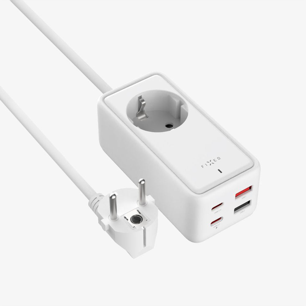 Produžni kabl Fixed, 1 x Schuko - 2 x USB-A - 2 x USB-C, Bela
