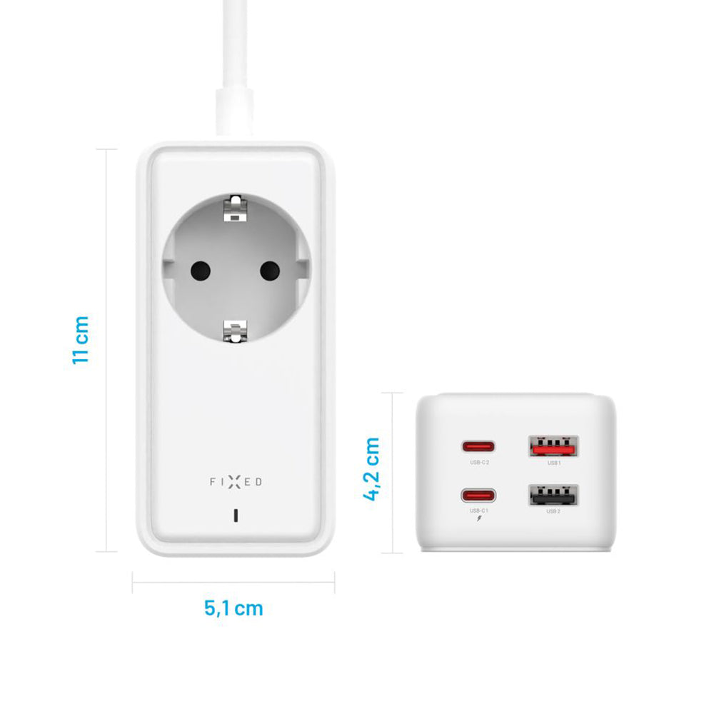 Produžni kabl Fixed, 1 x Schuko - 2 x USB-A - 2 x USB-C, Bela