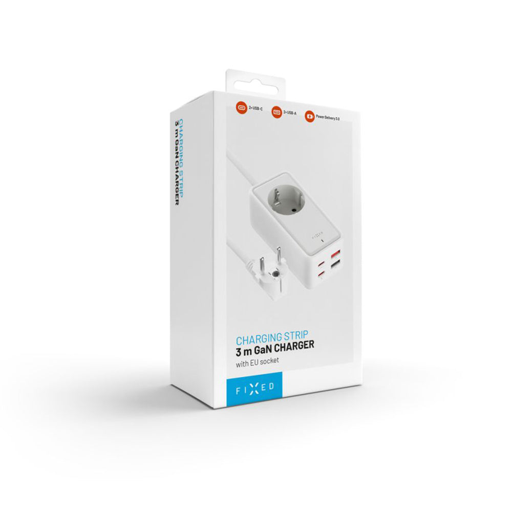 Produžni kabl Fixed, 1 x Schuko - 2 x USB-A - 2 x USB-C, Bela