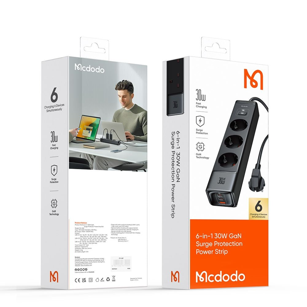 Produžni kabl McDodo CH-0620, 3 x Schuko - 1 x USB-A - 2 x USB-C, Crni