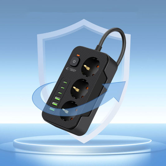 Prelungitor Tech-Protect PC3X6, 3 x Schuko, Crni