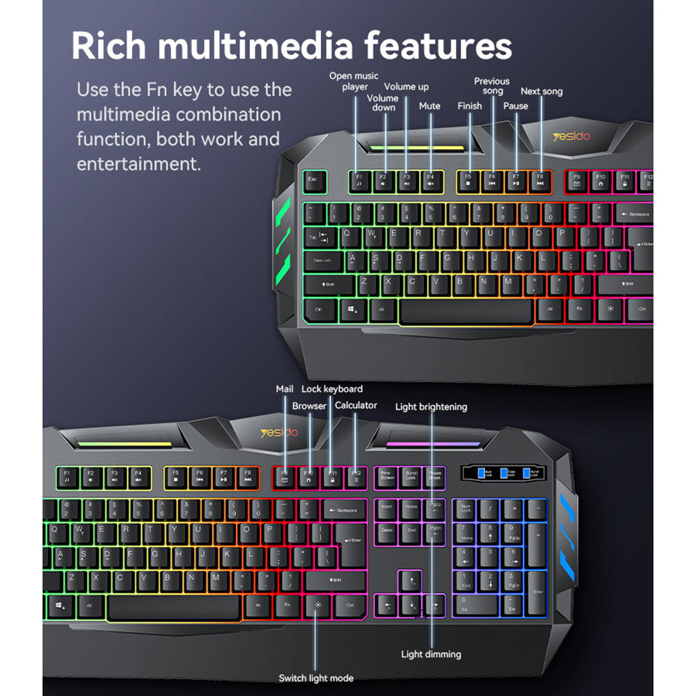 Gejming žičana USB tastatura Yesido KB21, RGB, 1.5m, Crna