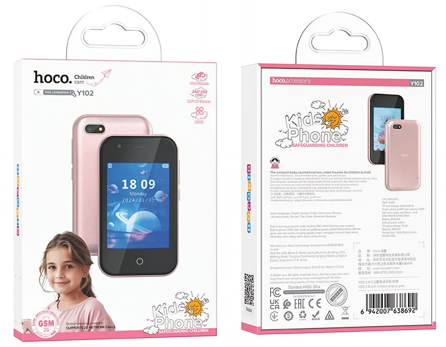 Mobilni Telefon HOCO Y102 Kids, 2G, Ekran 2.8 inča, Roze