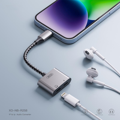 Audio Adapter Lightning - 2 x Lightning XO Design NB-R258A, Sivi