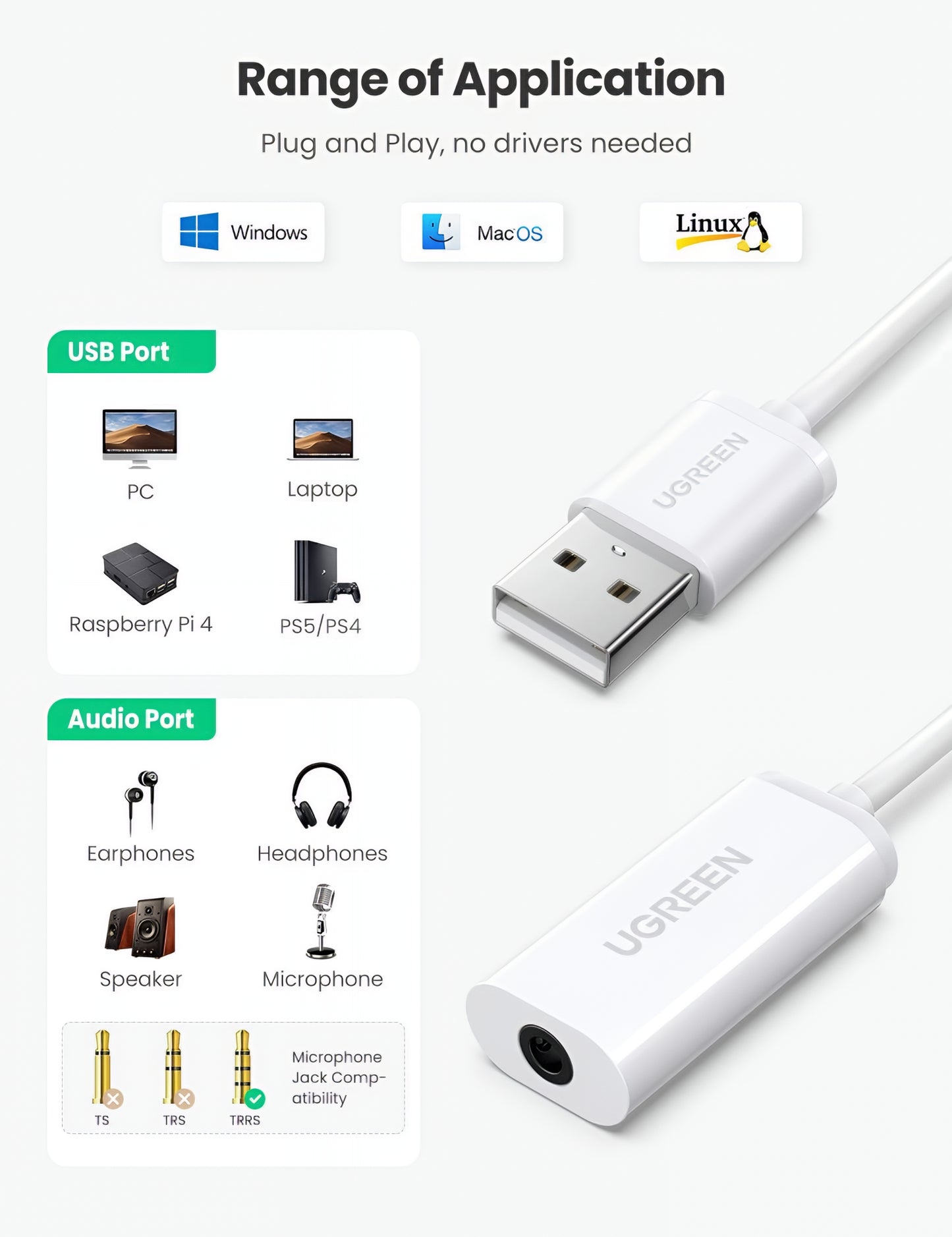 Audio Adapter UGREEN US206, USB-A - 3.5mm, Beli
