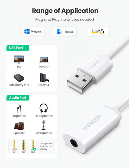 Audio Adapter UGREEN US206, USB-A - 3.5mm, Beli