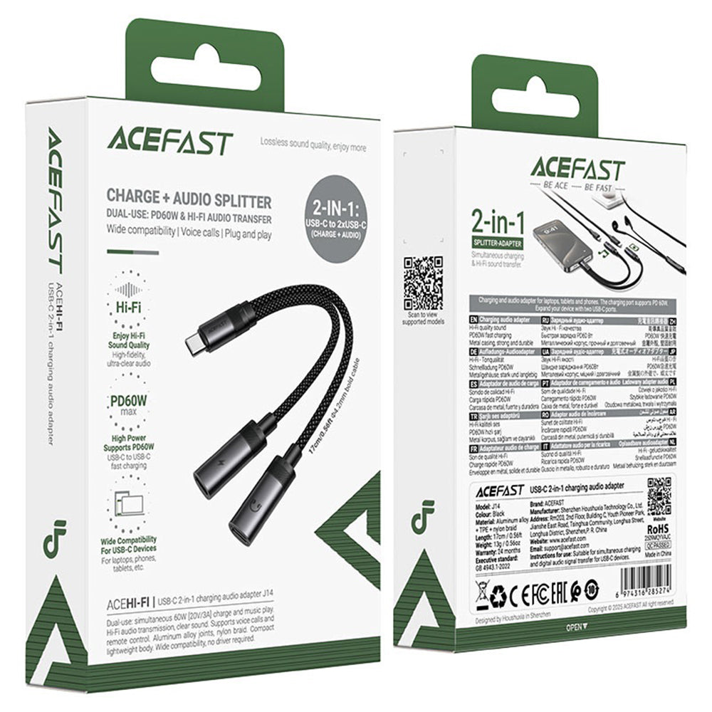 Audio Adapter USB-C - 2 x USB-C Acefast J14, Crni