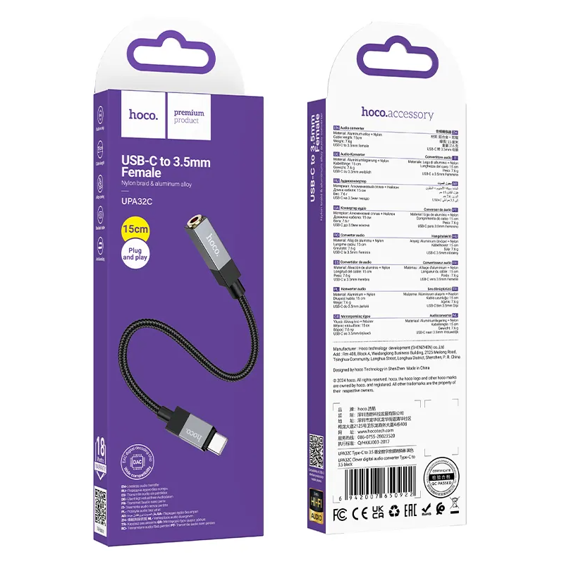 Audio adapter USB-C - 3.5mm HOCO UPA32C, Crna