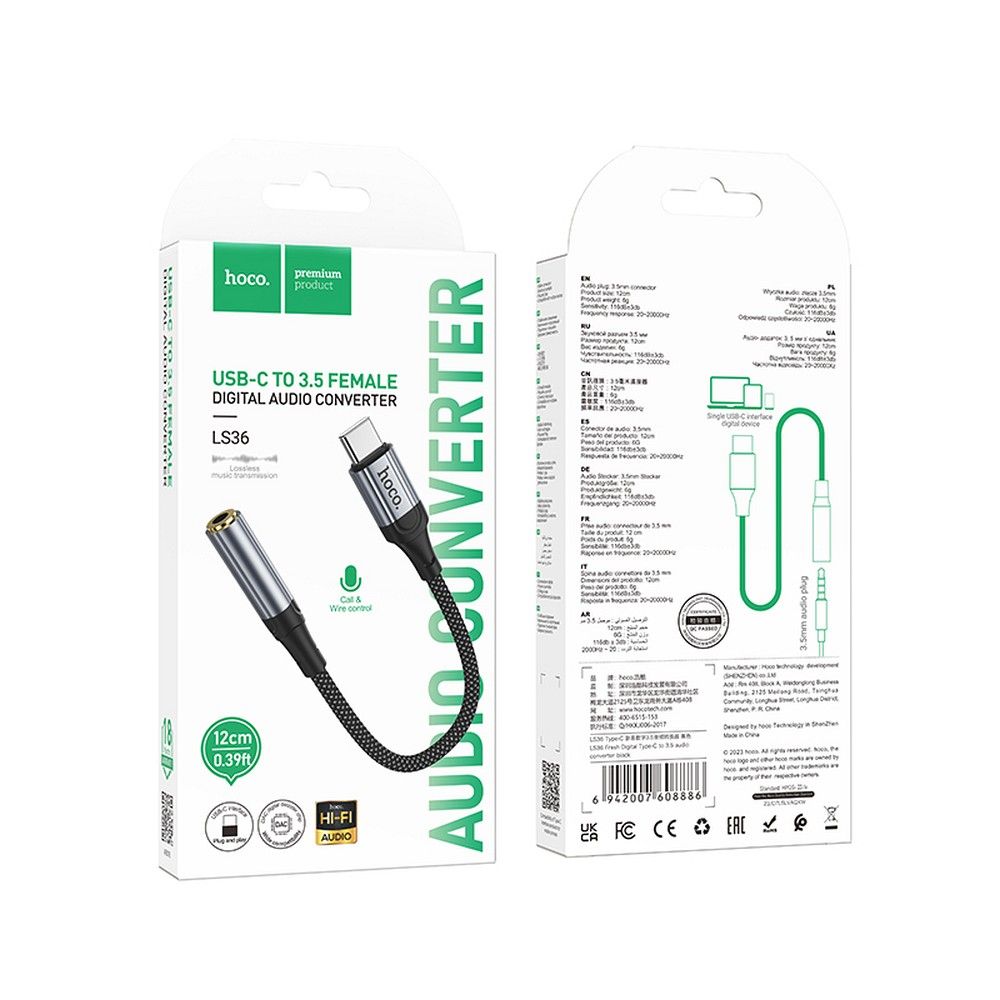 Audio Adapter USB-C - 3.5mm HOCO LS36, Sivi
