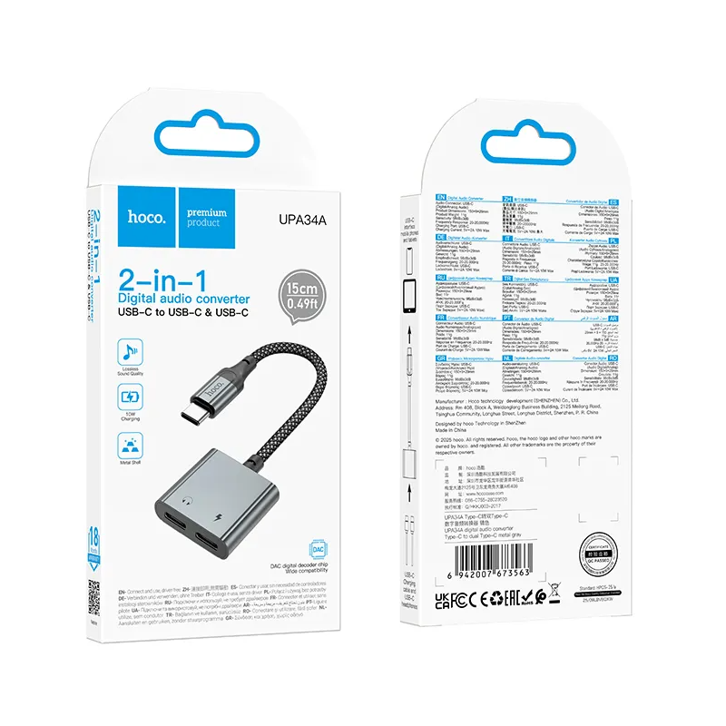 Audio adapter USB-C - USB-C / USB-C HOCO UPA34A, Siva