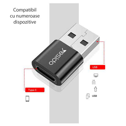 Adaptor za prenos podataka i punjenje USB-C - USB-A Yesido GS09, Crni