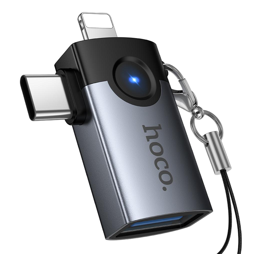 OTG adapter Lightning / USB-C - USB-A HOCO UA46D, Siva