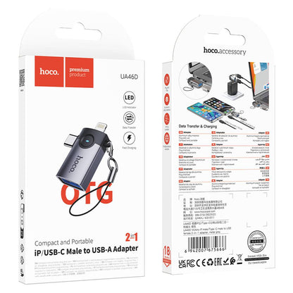 OTG adapter Lightning / USB-C - USB-A HOCO UA46D, Siva