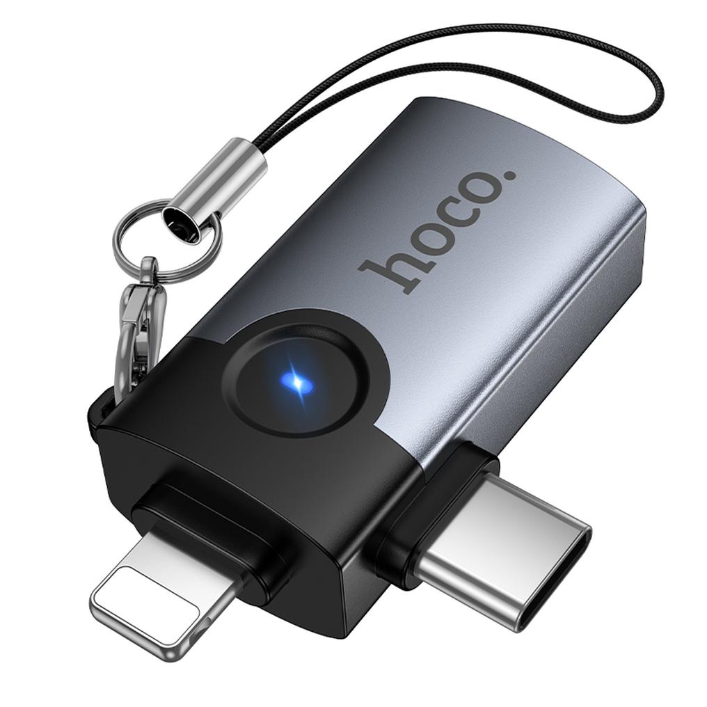 OTG adapter Lightning / USB-C - USB-A HOCO UA46D, Siva