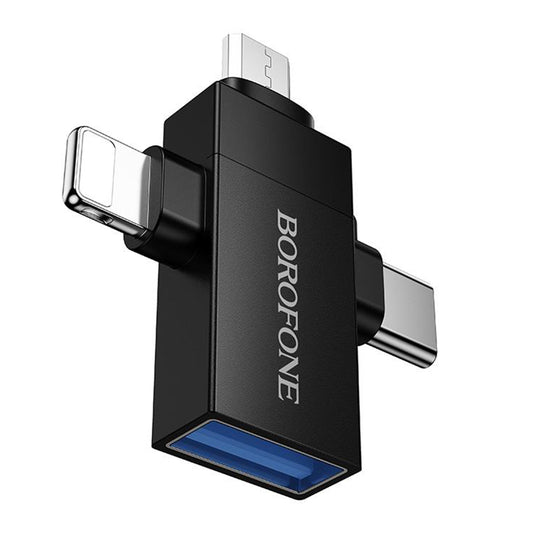 OTG adapter Lightning / microUSB / USB-C - USB-A Borofone BV26D, Crna