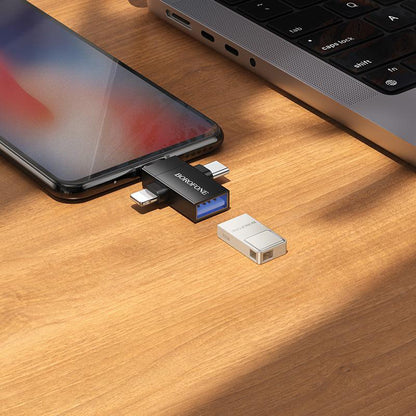 OTG adapter Lightning / microUSB / USB-C - USB-A Borofone BV26D, Crna