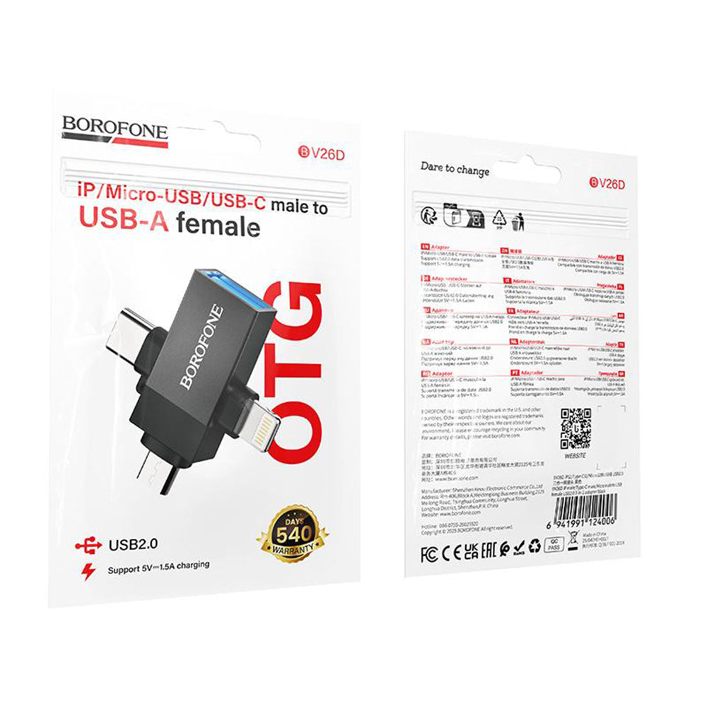 OTG adapter Lightning / microUSB / USB-C - USB-A Borofone BV26D, Crna