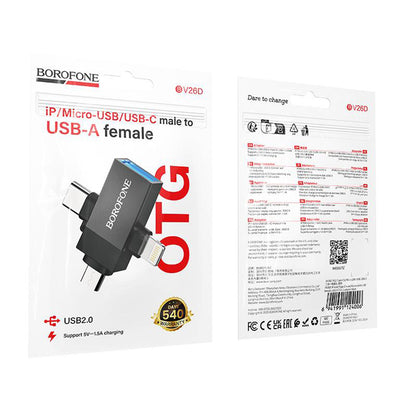 OTG adapter Lightning / microUSB / USB-C - USB-A Borofone BV26D, Crna