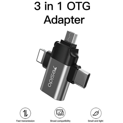 Adaptor OTG Lightning / microUSB / USB-C - USB-A Yesido GS15, Crn