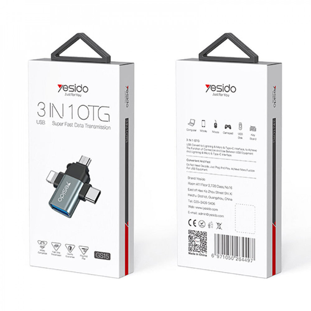Adaptor OTG Lightning / microUSB / USB-C - USB-A Yesido GS15, Crn