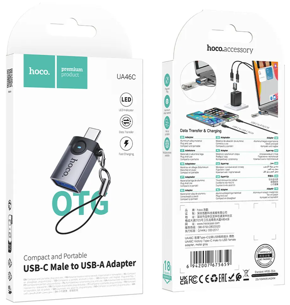 OTG adapter USB-C - USB-A HOCO UA46C, Siva