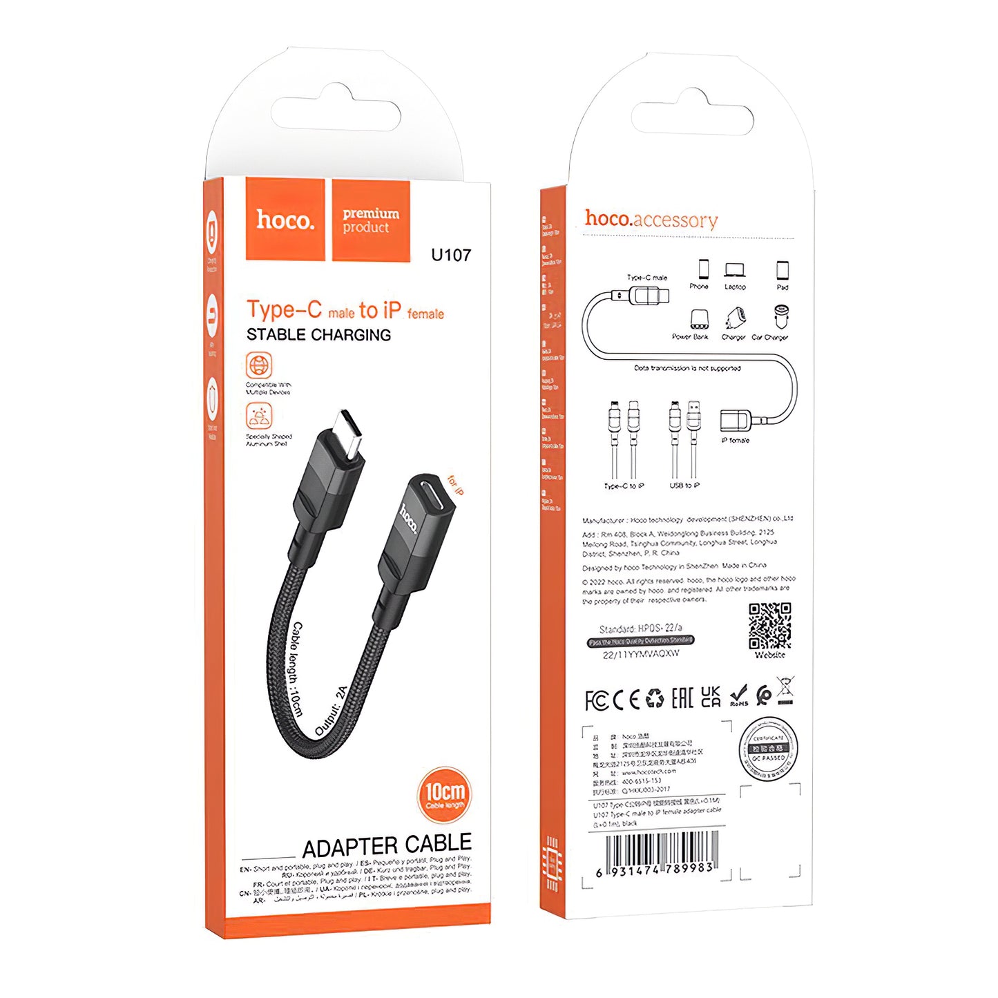 Adapter za prijenos podataka i punjenje Lightning - USB-C HOCO U107, 0.1m, Crni