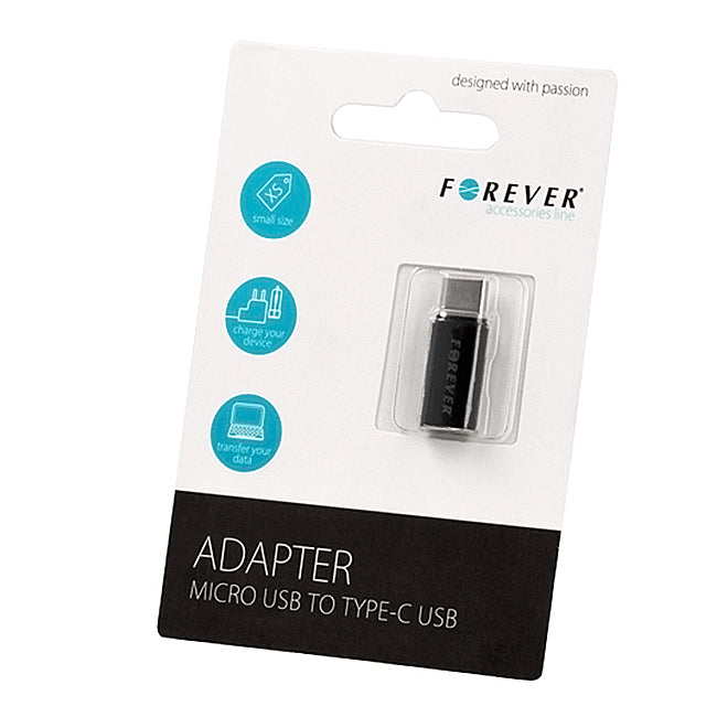Adapter za prenos podataka i punjenje microUSB - USB-C Forever, Crni