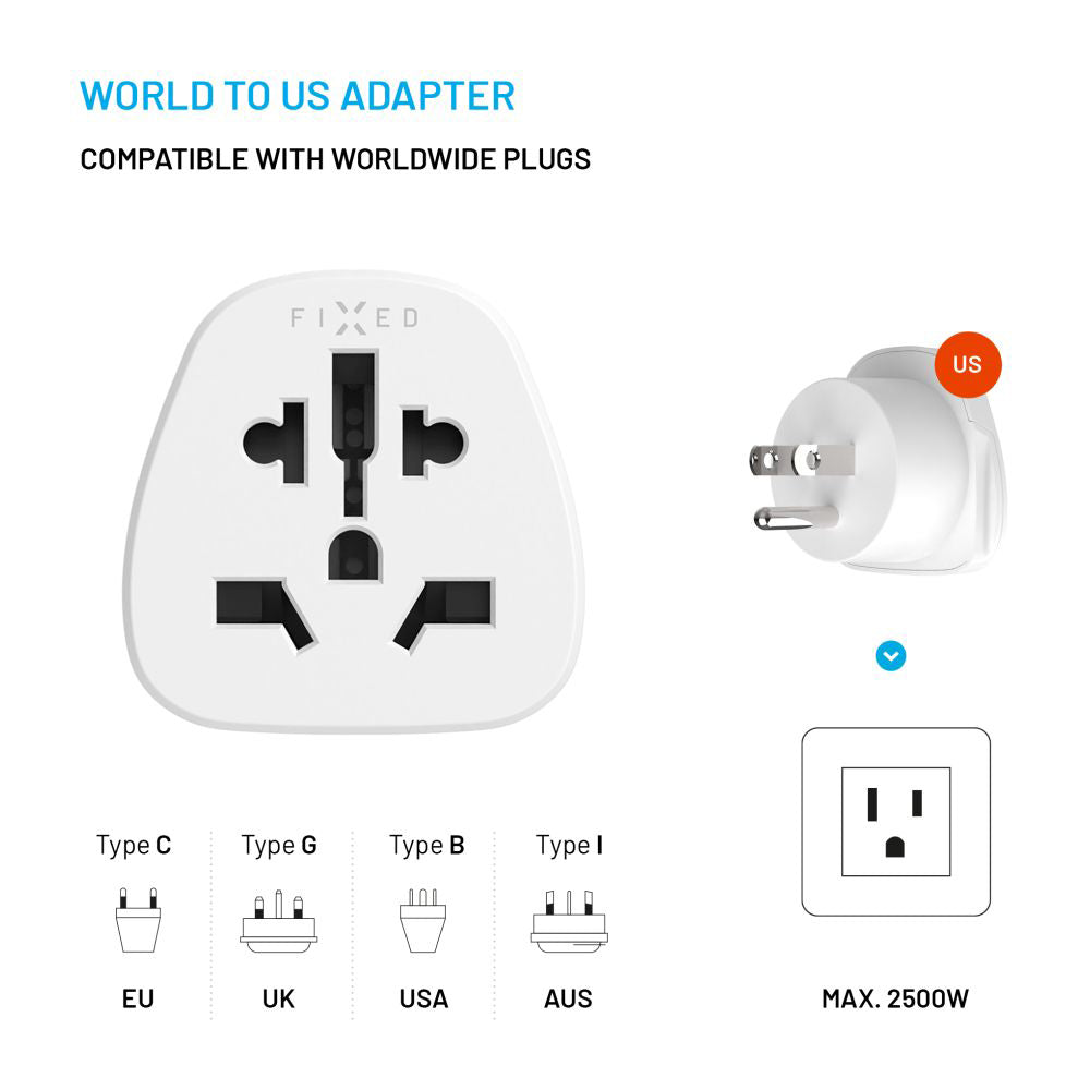 Adaptor Mreže Fixed EU / UK / USA - US, Beli