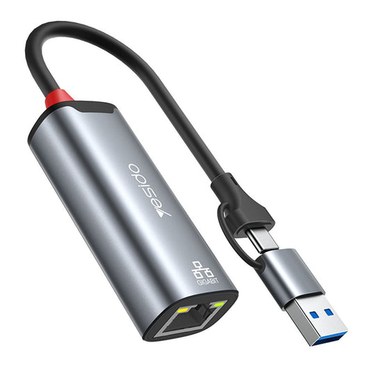 Mrežni adapter Yesido HB26, RJ45, USB / USB-C, Sivi