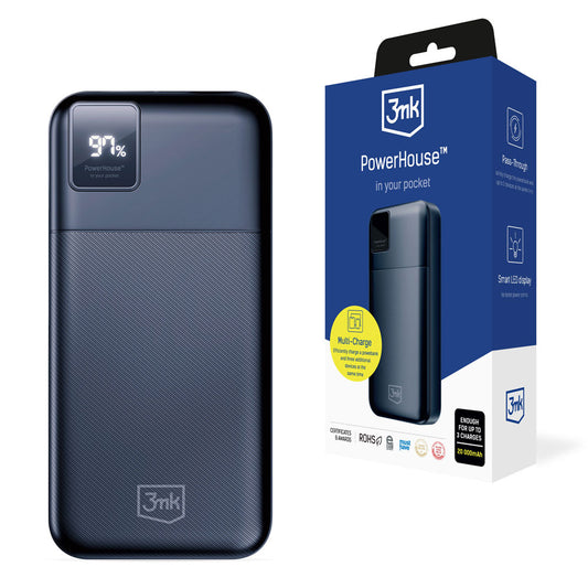 Eksterna Baterija 3MK PowerHouse, 20000mAh, 22.5W, QC + PD, 1 x USB-A - 1 x USB-C, Crna