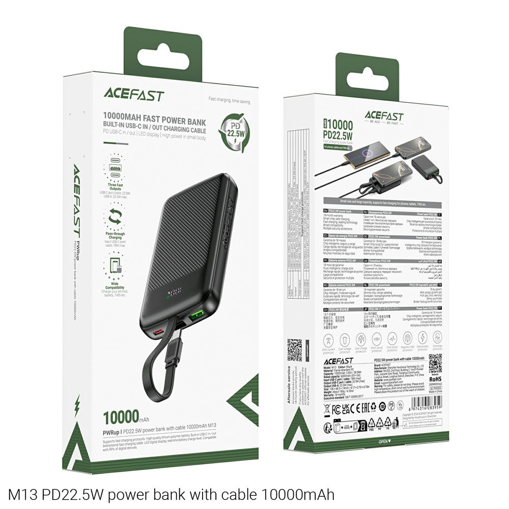 Spoljna baterija Acefast M13, 10000mAh, 22.5W, QC + PD, 1 x USB-A - 2 x USB-C, Crna.